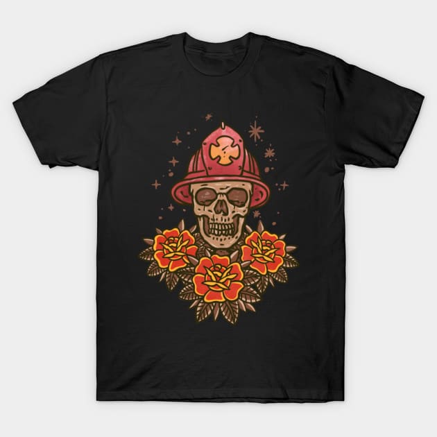 Skull firefighter with helmet and roses T-Shirt by ManikCreative 